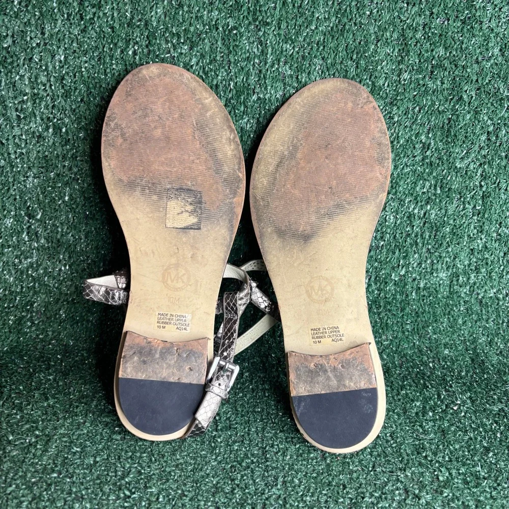 Michael Kors Plate Flat Snakeskin Embossed Leather Thong Sandals Pewter Women 10